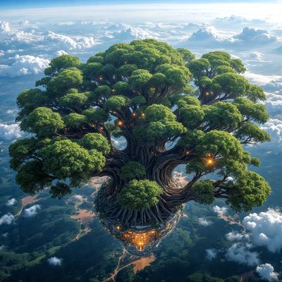 The primary subject of the image is a large tree with many branches and leaves. The tree is situated in a lush green forest, surrounded by a variety of trees. The visual style of the image is a combination of photo and digital art, creating a realistic yet artistic representation of the forest. The colors and mood of the image are vibrant and serene, with the green trees and blue sky creating a sense of tranquility and natural beauty.